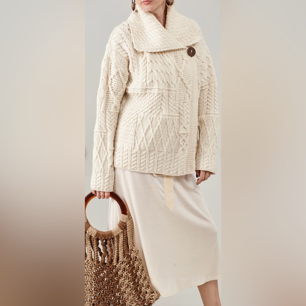 Aran Sweater Market One Button Knit Cardigan 100% Merino Wool In Ivory Size S